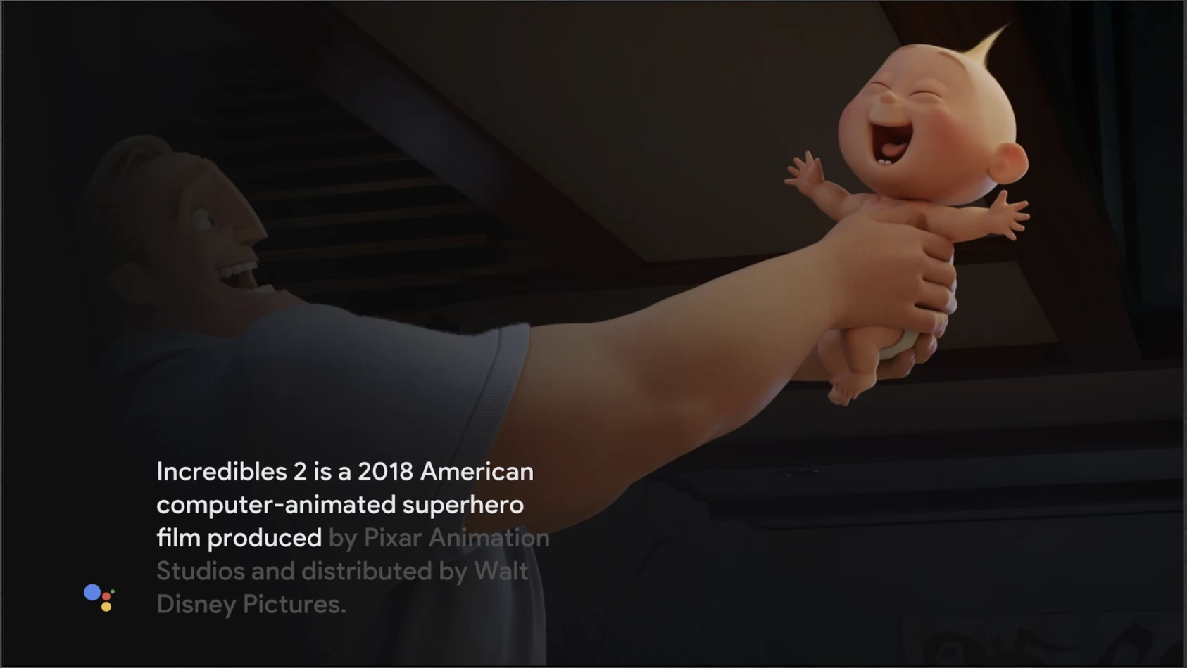 Google Assistant response overlay shown on Android TV during an active viewing session