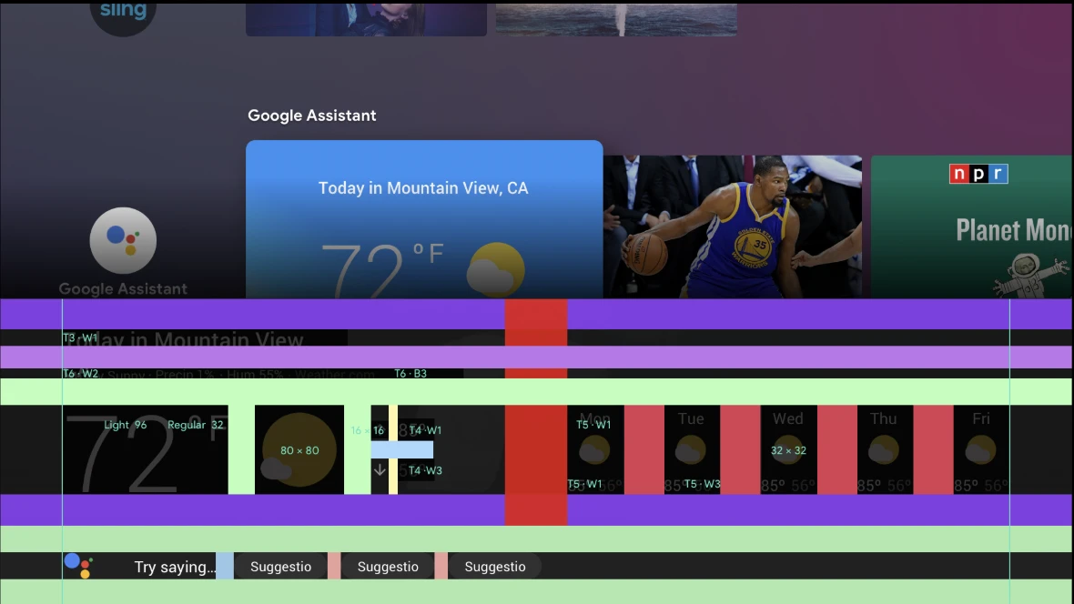 Android TV Google Assistant row redline specification with measurement guides